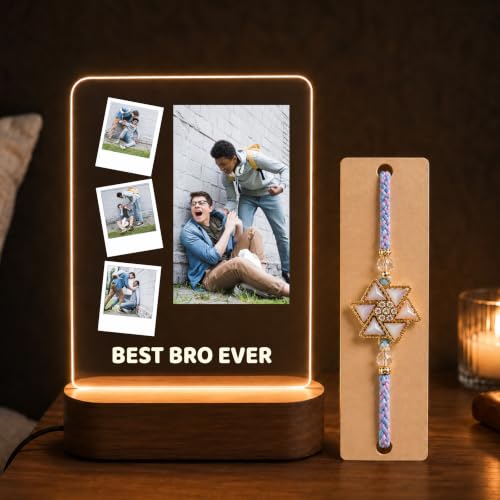 Image of Giftplease Personalized Photo Printed LED Lamp Rakhi Gift Set for Brother | Custom Acrylic Night Light Frame with Designer Rakhi, Roli Chawal Pack & Greeting Card | Rakshabandhan Combo for Bhaiya