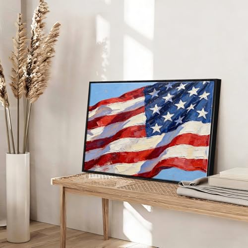 Image of American Flag Framed Canvas Wall Art, 4th of July Red White Blue Canvas Prints, USA Flag with Picture Patriotic Decorations, Modern Independence Day Wall Decor for Bedroom Living Room Office 24x36