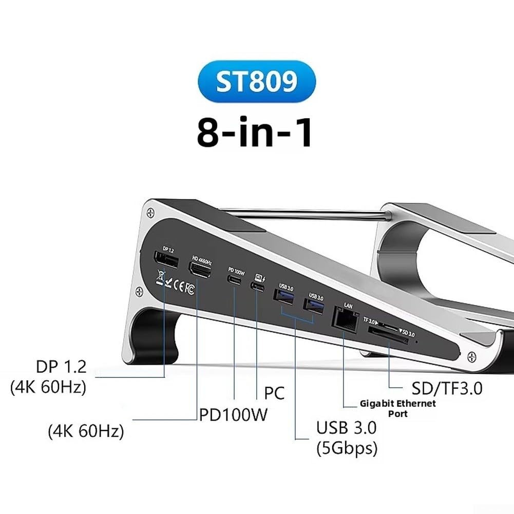 Soporte de aluminio para portátil con rejillas de ventilación y concentrador multipuerto, pantalla dual 4K, carga PD de 100 W, elevador ergonómico para uso doméstico en la oficina (ST708