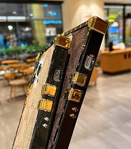 Zweejd Designer Square Luxury Iphone 13 Pro Max Case For Girls Women, Cute Aesthetic Classic Pattern Leather Back Cover Soft Frame Metal Nameplate Decoration Shiny Phone Trunk 13 Promax - Khaki #TOP4