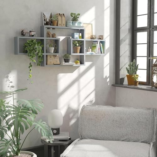 Image of Wooden Wall Shelves for Living Room, Bedroom Wall Mounted Rectangle Bookcase, Intersecting Wall Shelves for Storage Modern Decorative Display Shelves for Wall Decor (Grey)