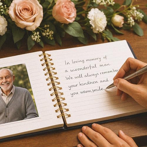 Image of Funeral Guest Book for Memorial or Celebration of Life - Velvet Hardcover with Photo Frame - Includes Pen or Marker and Sign (Gray - Small)
