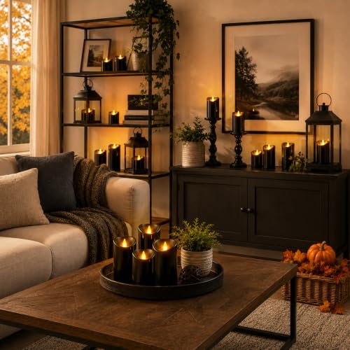Image of Flameless Candles 4 inch 5 inch 6 inch Set of 3 Outdoor Indoor Black Pillars Battery Operated Flickering Candles with Cozy Climbing Flame Effect, 10-Key Remote Timer, Plastic LED Candles for Wedding Decor