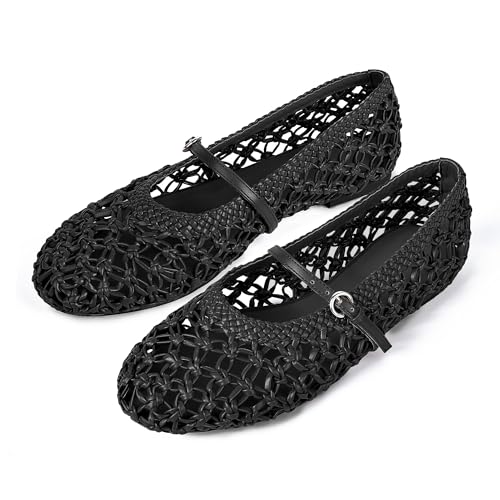 Woven Ballet Flats for Women Mesh Round Toe Mary Jane Flats with Metal Buckle Strap Rattan Ballerina Flat Shoes