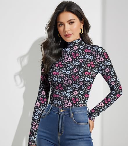 Women's Long Sleeve Mock Turtleneck Tops, Lightweight Baselayer Shirts, High Neck Pullover Undershirts Stretchy3