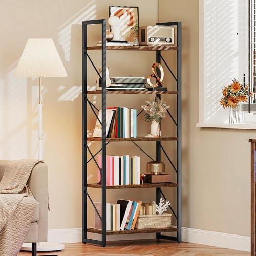 DWVO 5 Tier Bookshelf, Tall Bookcase Shelf Storage Organizer, Modern Book Shelf Storage Rack Shelves for Bedroom, Living Room, Home Office, Rustic Brown