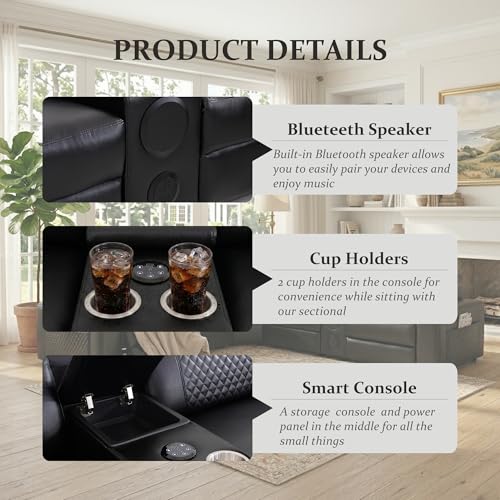 Image of Power Recliner Sectional Sofa, L-Shaped Living Room Furniture Set, Reclining Sectional Couch with Storage Console /Cup Holder for Living Room /House /Apt (Black, 5 Seater)