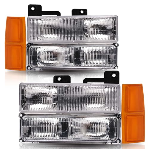 ISHARINGAUTOPARTS Chrome Housing OEM Style Headlights+Bumper Lamps+Amber Corner Lights Fit for 1994-1999 Chevy C/K Suburban 1500 2500 3500 Blazer Tahoe NOT for GMC LH RH Pair