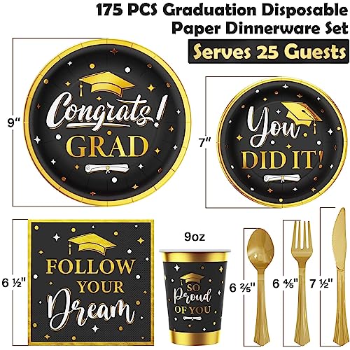 Ecomore Graduation Party Supplies - 175 Pcs Disposable Dinnerware Set (Serves 25) Congrats Grad Paper Plate Cup Napkin Fork Knife Spoon For College Graduation Decorations Class Of 2023(Black & Gold) #TOP1