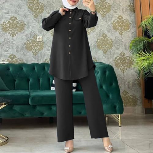 Image of ODIZLI Muslim Long Sleeve Blouse Wide Leg Pants Suits Autumn Solid Abaya Women Matching Sets 2PCS Tracksuits Turkey Kaftan