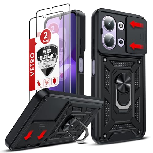 LeYi Cover per Redmi 15C 4G/5G con Vetro Temperato [2 Pack], Custodia con Protezione Fotocamera [Slidable] Anti-Graffio Militare Anello Supporto TPU Bumper Antiurto Case per Xiaomi Redmi 15 C, Nero
