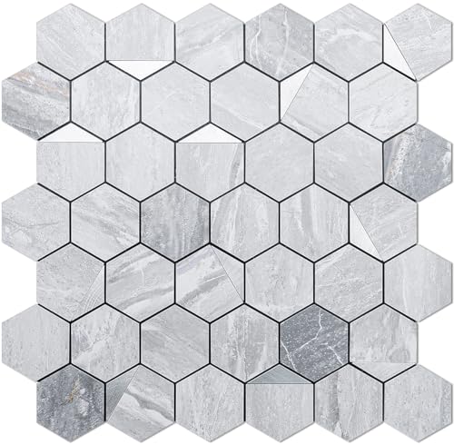 Comparison: Best Backsplash For Grey Cabinets 11 DICOFUN Hexagon Tile Mixed Metal Peel and Stick Backsplash, Self Adhesive Mosaic Tiles for Kitchen and Bathroom (10, Marble Grey & Silver Studded)
