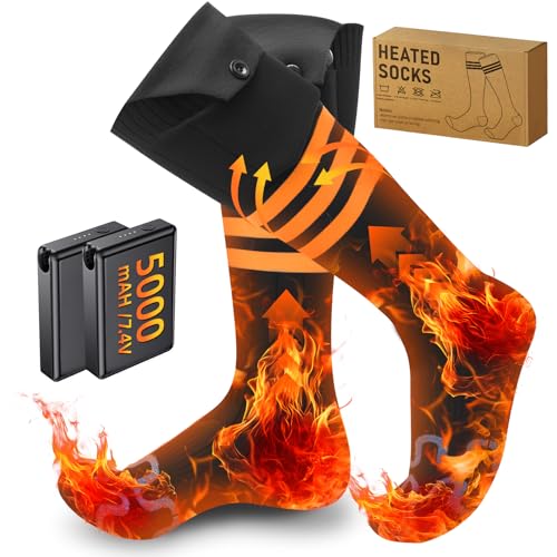 Calze Riscaldate a Batteria 10000mAh 7.4V 4 livelli di riscaldamento, Elettrici Calzini Riscaldabili Calze Calzino Termiche Riscaldanti Inverno Scaldapiedi Uomo Donna (Nero arancione, M)