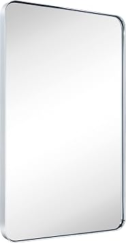 GRACTO 24x36 Chrome Metal Framed Bathroom Mirror for Wall in Stainless Steel Rounded Rectangular Bathroom Vanity Mirrors Wall Mounted