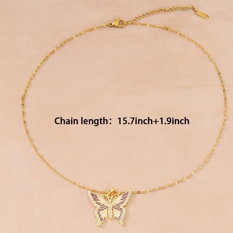 Q&D&S 14K gold plated butterfly necklace ，purple Dainty Rhinestone Pendant Necklace, Crystal Butterfly Pendant Necklaces Chain Sparkly Neck Jewelry for Women - Image 2