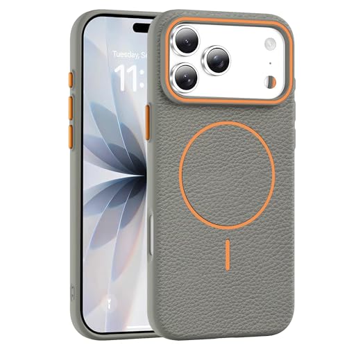 Image of Elzzi New Lychee Texture Magnetic Phone Case for iPhone 17 Pro Max Case, [Compatible with Mag-Safe] Anti Yellow Velvet Lined Premium PC+TPU Back Cover (Grey)