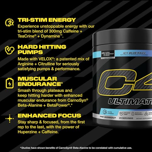 Image of C4 Ultimate Pre Workout Powder ICY Blue Razz - Sugar Free Preworkout Energy Supplement for Men & Women - 300mg Caffeine + 3.2g Beta Alanine + 2 Patented Creatines - 20 Servings