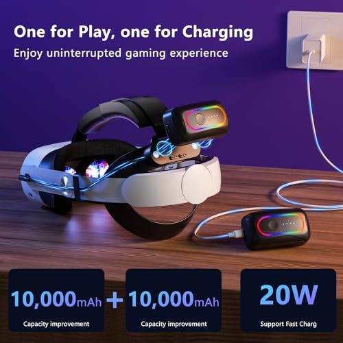 Image of Saqico 20000mAh Dual Magnetic Battery Head Strap Compatible with Meta Oculus Quest 2 /3 /3S, Cool RGB Battery Pack & Easy to Replace Extend VR Playtime-Premium Comfort & Adjustable, Reduce Facial Stress