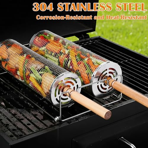 2 Pcs Grillkorb Edelstahl 30cm 29cm, Upgrade Öffnung, Grillkorb Gemüse Rund mit 2 Abnehmbarer Holzgriff, 2 Haken, 2 Gabeln, Reinigungsbürste, Halterungen, Grillzubehör Grill Geschenke Männer Frauen