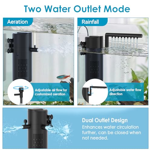 Image of Aquarium Filter for 10-20 Gallon Tanks, Internal Fish Tank Filter, Submersible Turtle Tank Filter, with Aeration /Rainfall Modes and Dual Water Outlet