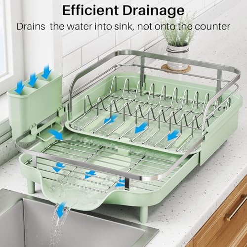 Image of SNTD Dish Drying Rack, Expandable Dish Rack for Kitchen Counter, Stainless Steel Dish Drainer with Drainboard Set and Utensil Holder (Green)