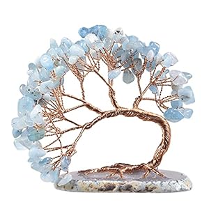 mookaitedecor Natural Aquamarine Crystal Money Tree Agate Slice Base Feng Shui Bonsai Crystal Tree for Wealth Luck Desk…