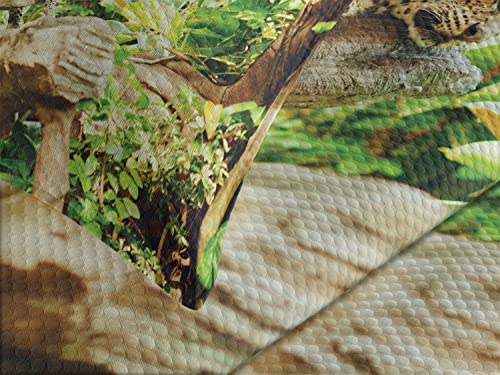 Ambesonne Safari Bedspread, Leopard On The Branch In Savannah Exotic Macro Tropical Leaf Jungle Wild Nature Art, Decorative Quilted 3 Piece Coverlet Set With 2 Pillow Shams, Queen Size, Camel Green #TOP2