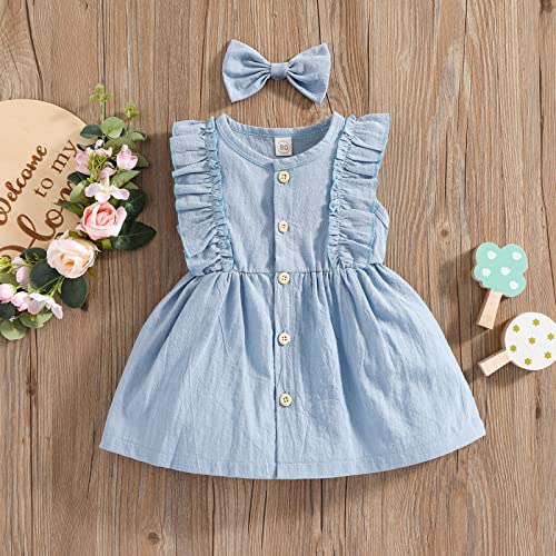 Cudilica Toddler Baby Girls Summer Dress Sleeveless Ruffle Solid Cotton Linen Button Princess Dresses Headband Infant Set (Blue, 6-12 Months) #TOP1