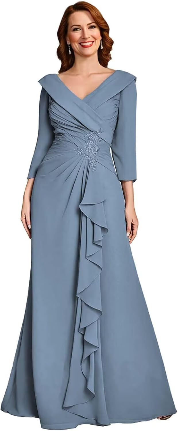 Chiffon Mother of The Bride Dresses for Wedding 3/4 Sleeves Ruched Formal Evening Gown with Laces Applique