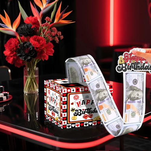 Casino Birthday Money Box for Cash Gift Pull, Casino Poker Surprise Money Gift Money Banks Boxes with Birthday Pull Out Card & 30 Pcs Bags for Las Vegas Game Night Party Supplies