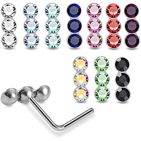 Box Set 20 Pieces Triple Round Crystal Stone Top 22 Gauge 925 Sterling Silver L Bend Nose Stud Piercing Cover