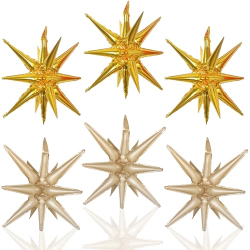 6 Pcs Foil Balloons Gold and Caramel Colour One-Piece 14-Pointed Star Balloon 4D Starburst Cone Mylar Balloon 22inch Christmas Birthday Wedding Party Supplies (Gold + Caramel Colour)