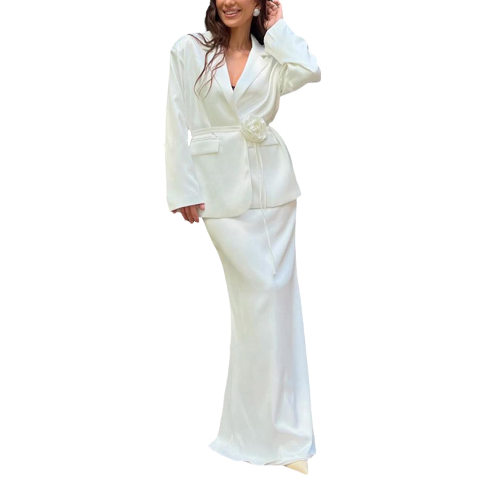 cffvdiz Womens 2 Piece Suit Skirt Set Satin Long-Sleeve Tie Front Blazer Top and Maxi Skirt Office Business