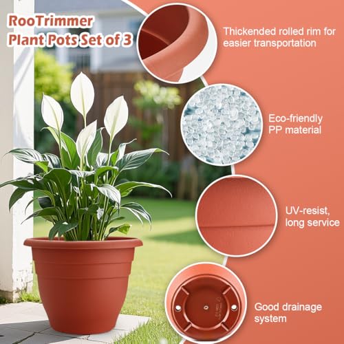 Image of RooTrimmer 3-Pack 16 Inch Large Outdoor Plastic Plant Pots with Drainage Holes - Durable,Lightweight & Weather-Resistant Flower Planters for Patio,Garden,Balcony (Pottery Red)