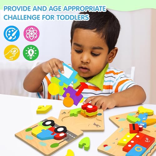 Image of Kidology 3D Wooden Puzzle Learning Toy Set for Toddlers - 6 Vehicle Shape Puzzles Blocks, Educational Fun Playset - Color & Shape Recognition Montessori Toy for Kids