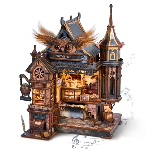 FUNPOLA LED 3D Holzpuzzle Eulen-Postamt Dynamisches Modell mit mechanischen Zahnrädern DIY Miniatur-Bausatz mit Musik und LED-Lichtern Wohnkultur-Geschenk für Erwachsene und Jugendliche