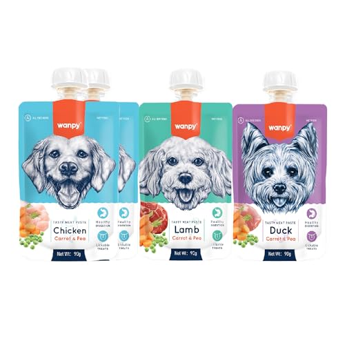 Image of WANPY Premium Lickable Creamy Meat Paste for Dogs with Chicken x 2Pc + Duck x 1Pc + Lamb, Carrot & peas x 1Pc Assorted Flavours, 90g, (Pack of 4)