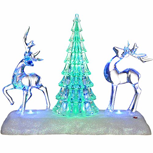 WeRChristmas Pre-Lit Colour Changing LED Musical Christmas Tree and Reindeer Scene Decoration, Acrylic, 24 cm - Multi-Colour