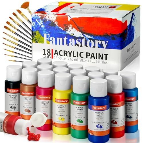 Fantastory Acrylfarben Set 18 x 60ml, 12Pinsel, wasserfestes, nicht verblassendes, ungiftiges Acrylic Paint, Ideal Für Leinwand,Holz,Keramik,Modelle; Geeignet für Anfänger,Kunststudenten,Hobbykünstler