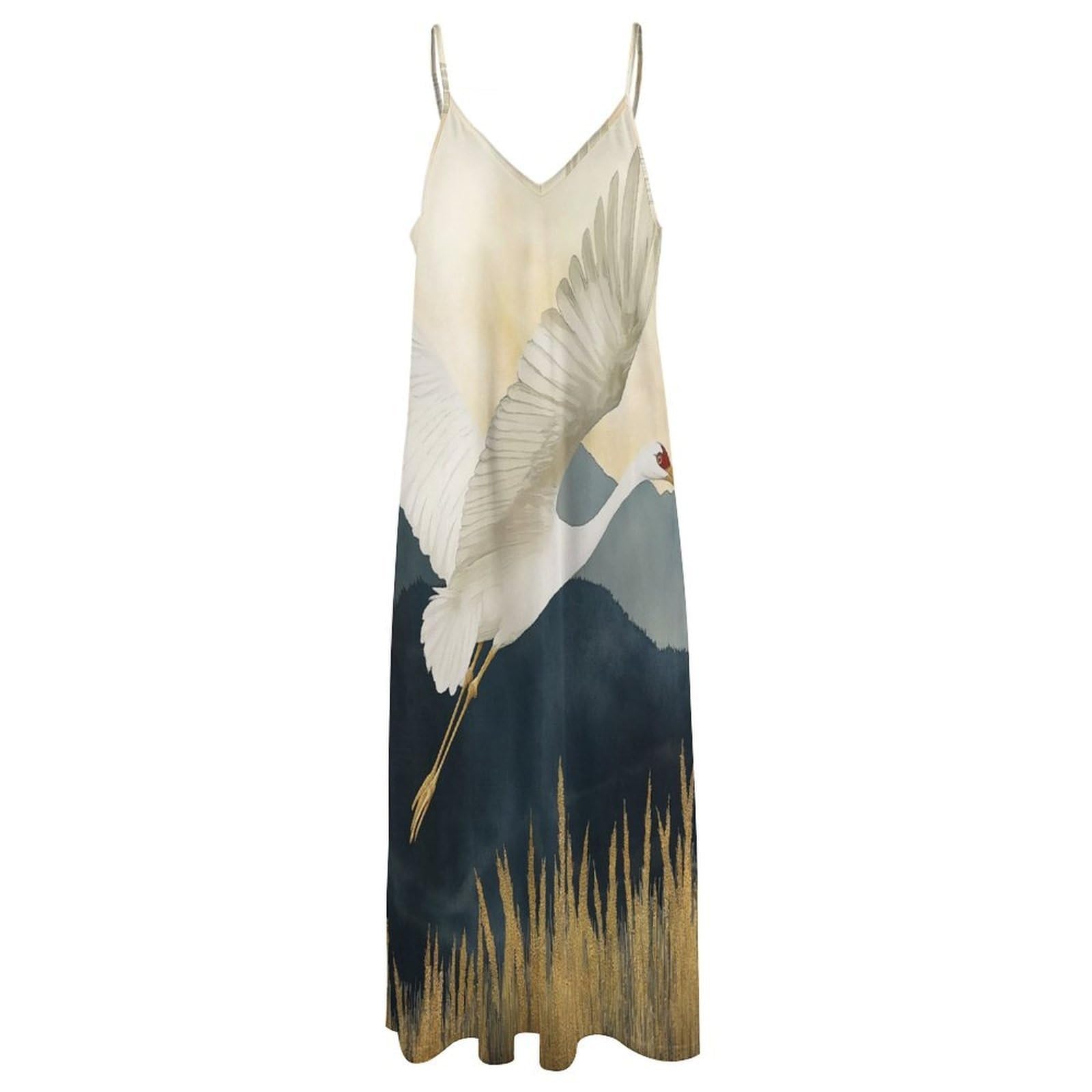Abito Estivo da Donna - Gru Animali Abito Lungo Ampio Senza Maniche con Scollo A V E Spalline Sottili, Modello A Trapezio, Elegante Abito da Festa.