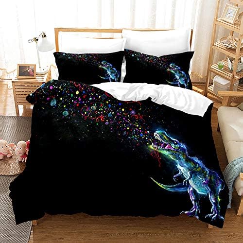 MUSOLEI Double Quilt Duvet Cover Bed Set Dinosaur Blue Bedding for Children Boys Kids Dino Jurassic Cool Soft Colorful Design Durable Microfiber Zipper(Double,Black)