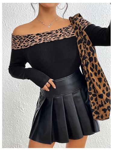 Image of MakeMeChic Women's Off The Shoulder Sweater Leopard Print Long Sleeve Knitted Cheetah Print Top Black X-Small