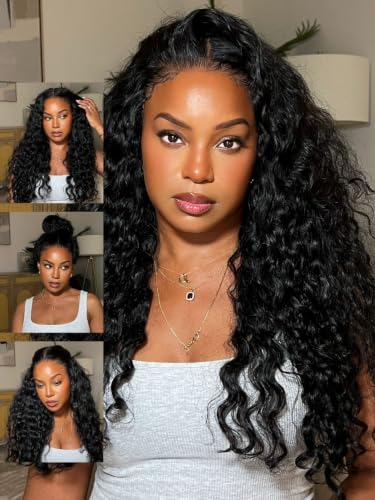 Image of Sunber Water Wave Bye Bye Knots Glueless Human Hair Wig 7x5 HD Lace 16inch | Pre Cut Lace Front Wig Pre Plucked Pre Bleached Knots Drawstring Wear and Go Wig with 4C Edges Ready to Go for Women