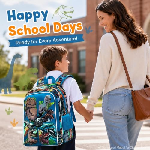Image of CCJPX 3PCS Dinosaur Backpack for Boys, 16 Inch Water Resistant Preschool Bookbags, Cool Kindergarten School Backpacks and Lunch Box(Blue)
