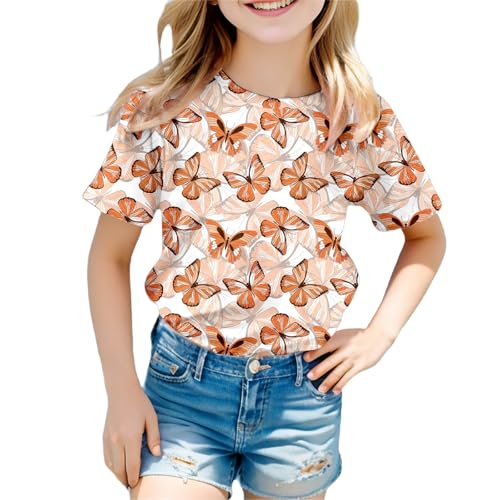 Niña Camiseta Manga Corta Verano Manga Corta Tops Moda Casual Tshirts para Niñas Casual Cuello Redondo Cómoda Suelto Suave Estampado de Mariposas Tops