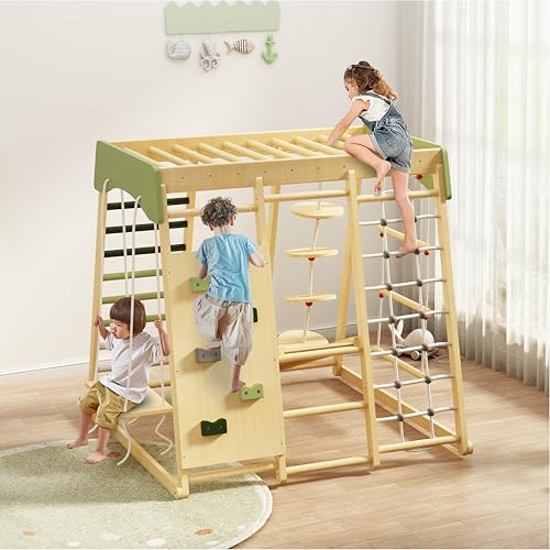 BanaSuper Estructura de Escalada para niños 8 en 1, Gimnasio Infantil de Interior, Juego de Escalada Montessori con tobogán, Columpio, Pared de Escalada, Barra de Mono y Red de Escalada