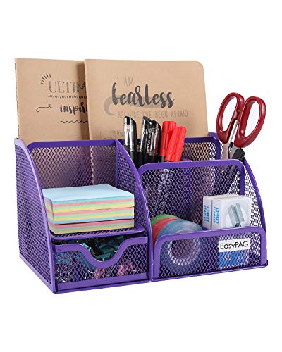 EasyPAG Mesh Desk Organizer Office Accessories Caddy 6 Compartments with Drawer,Purple