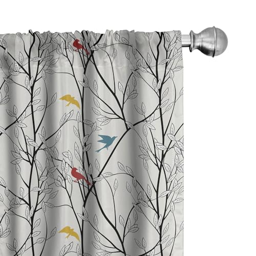 Ambesonne Lot de 2 rideaux de fenêtre de la forêt, motif abstrait inspiré de la forêt, branches d'arbre feuillues et oiseaux colorés, décoration légère avec passe-tringle, 71,1 x 241,3 cm, blanc noix