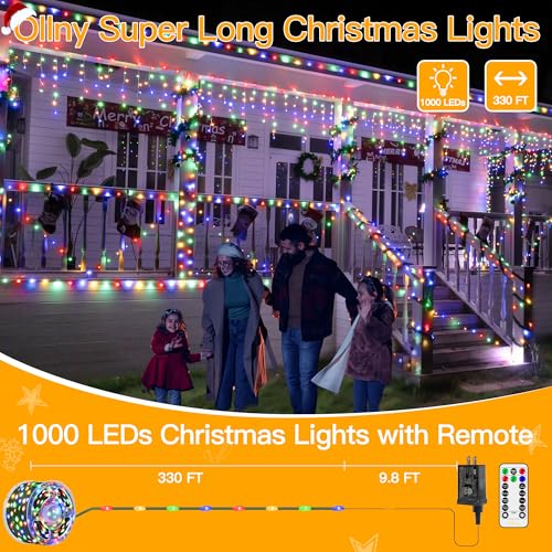 Image of Ollny Christmas Lights 1000 LED 330 FT, IP67 Waterproof Plug in Christmas Tree Lights with Remote, 8 Modes, 3 Timers, Dimmable, House Xmas Indoor Decorations Outdoor Christmas Lights (Multicolored)