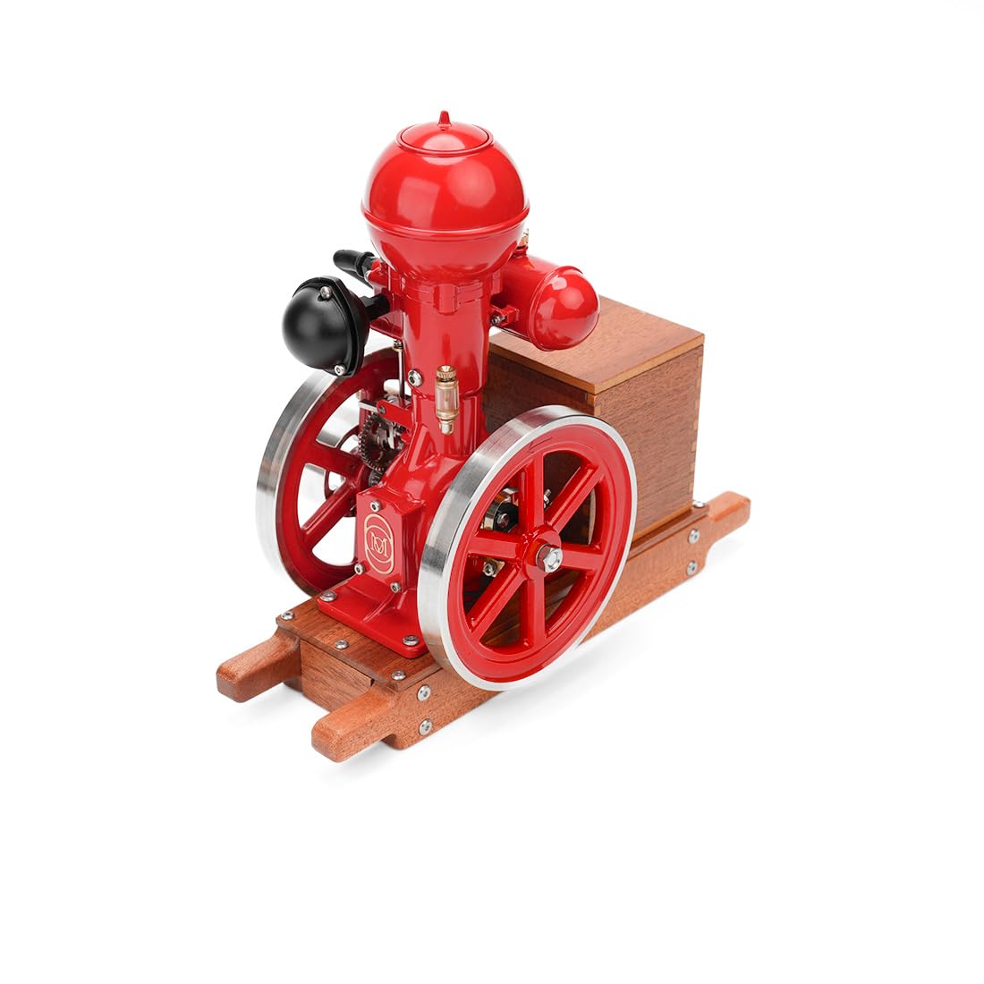 Miniaturowy model silnika z głowicą kulową, chłodzony wodą, jednocylindrowy, czterosuwowy silnik Hit and Miss, zestaw do montażu z systemem zapłonu i drewnianym stojakiem, dekoracja przemysłowa w